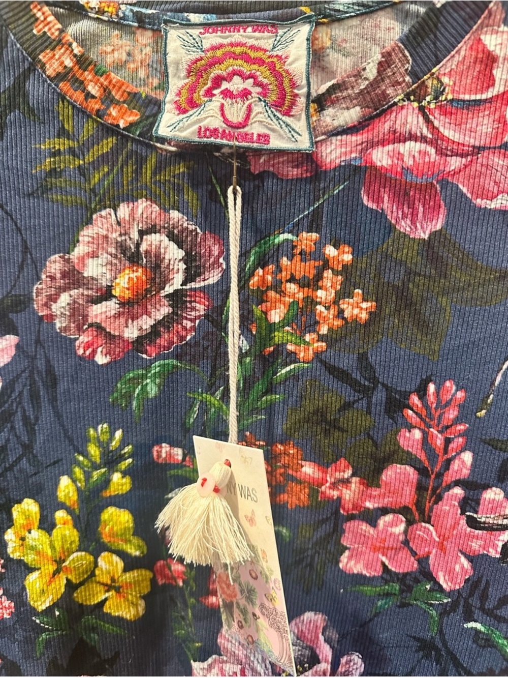 Johnny Was Navy Floral Ribbed Tee with Multicolor Blooms Size Large
